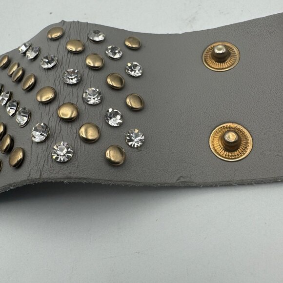 Wide Cuff Bracelet Rivet Crystal Studded Gray Snap Closure Statement Jewelry - Picture 5 of 5